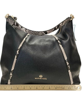 MICHAEL KORS COUTURE BLACK PEBBLE LEATHER WITH SNAKE PRINT HOBO BAG & WALLET EUC
